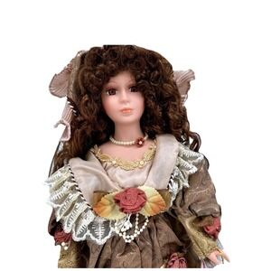 Cathay Collection Porcelain Doll Brown Hair Floral Dress Display‎ Decor